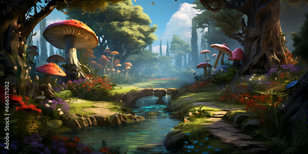 Giant Toadstools and Fantastic Mushrooms Growing in the Forest    ,mystical forest, filled with colorful flora and fauna, inviting viewers into a magical world. Generative AI