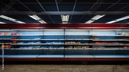 An empty grocery store shelf in a supermarket. The concept of sales, scarcity, supply chain issues, stock shortages, panic buying, or a need for restocking.