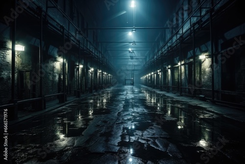 Gloomy deserted prison with ghostly apparitions under the pale moonlight 