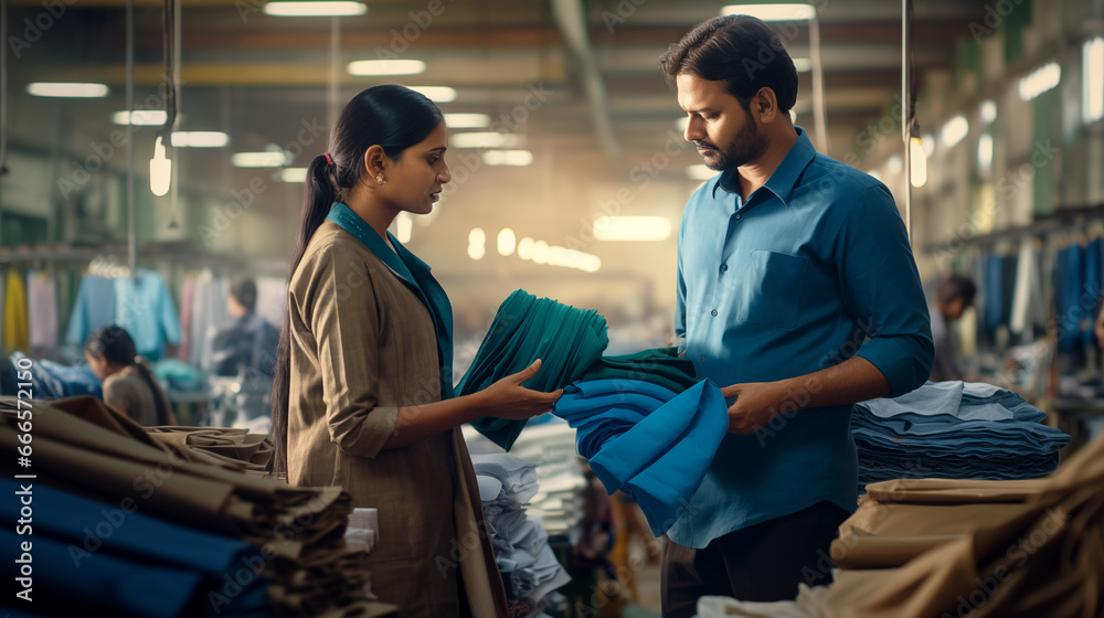Obraz premium Indian Woman in Charge Inspecting Textile Factory