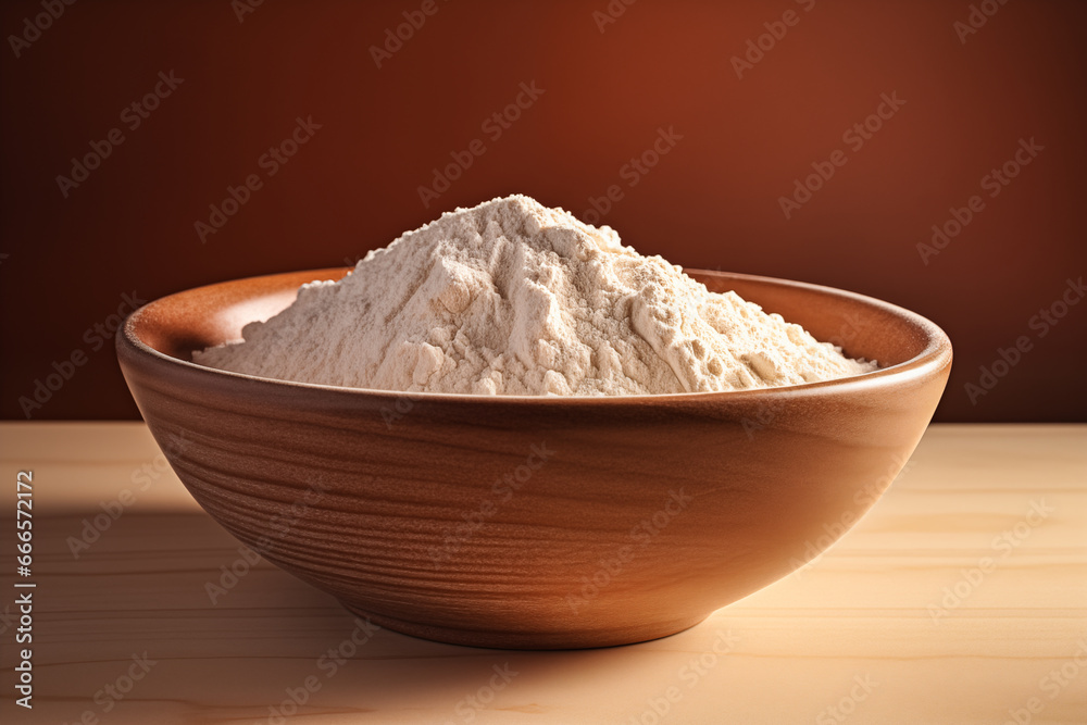 Flour in a wooden bowl on a table. Flour in a wooden bowl on a table.