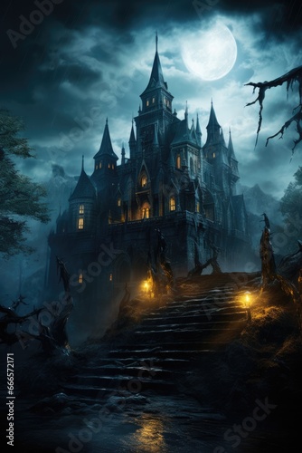 Gothic castle highlighted under full moon radiating spine-chilling haunted vibes 