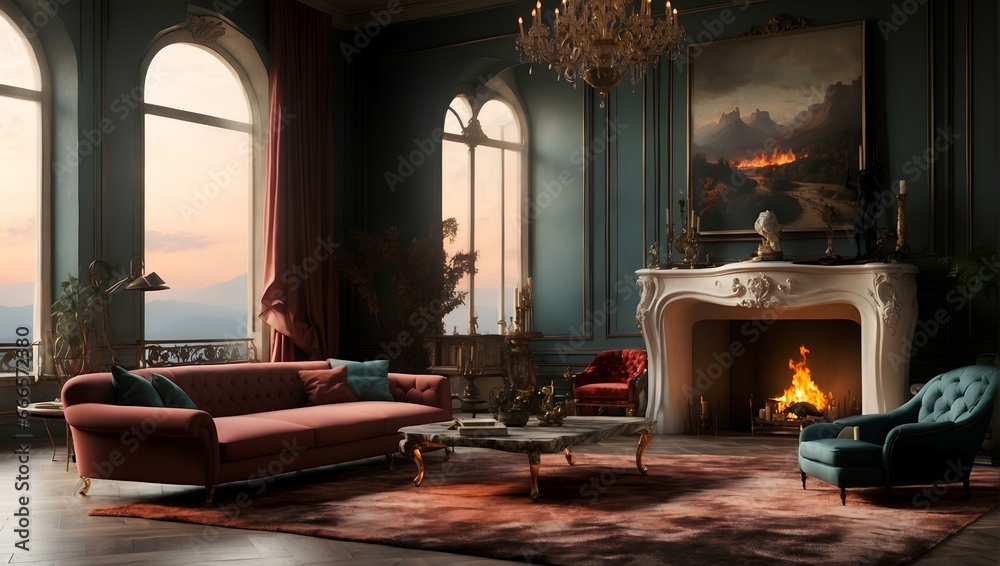 Fototapeta premium a living room filled with furniture and a fire place