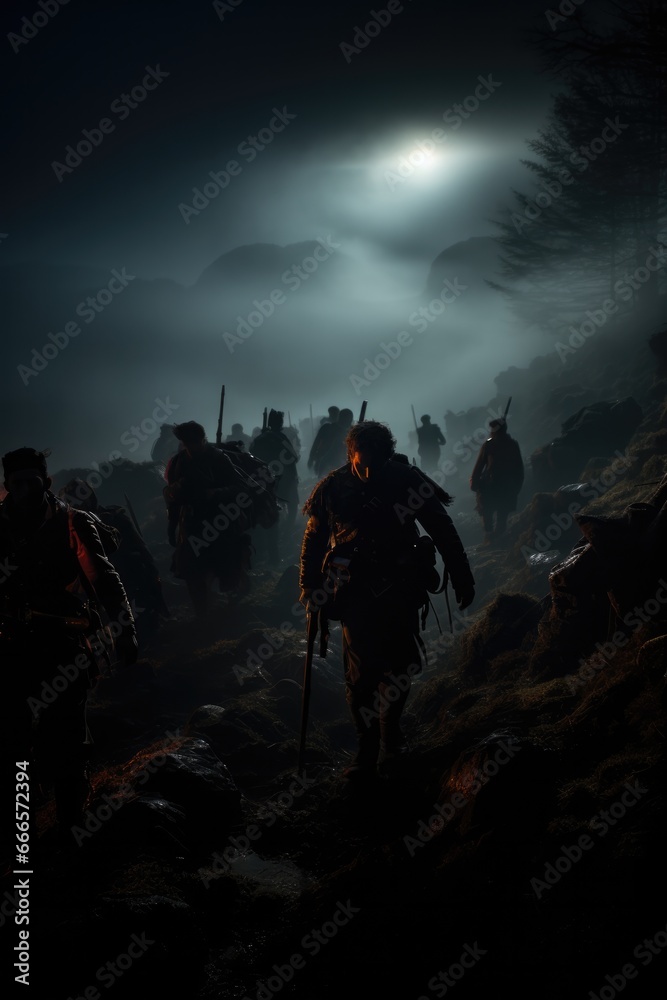 Ghostly soldiers marching on misty moor-lit historical battlefields at midnight Ghostly soldiers marching on misty moor-lit historical battlefields at midnight