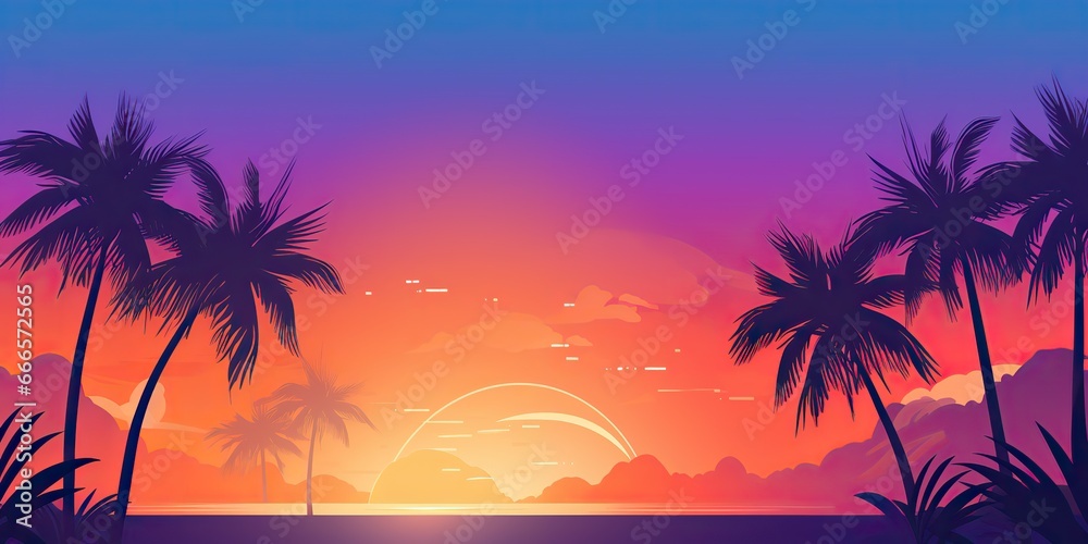 Fototapeta premium AI Generated. AI Generative. Retro vintage california miami vibe inspired background with tripical palm tree leafes with sunset landscape. Graphic Art