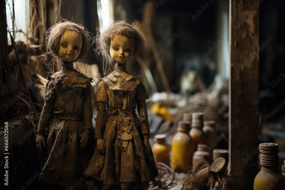 Spooky antique dolls in a cobwebbed forgotten attic of an abandoned house Spooky antique dolls in a cobwebbed forgotten attic of an abandoned house