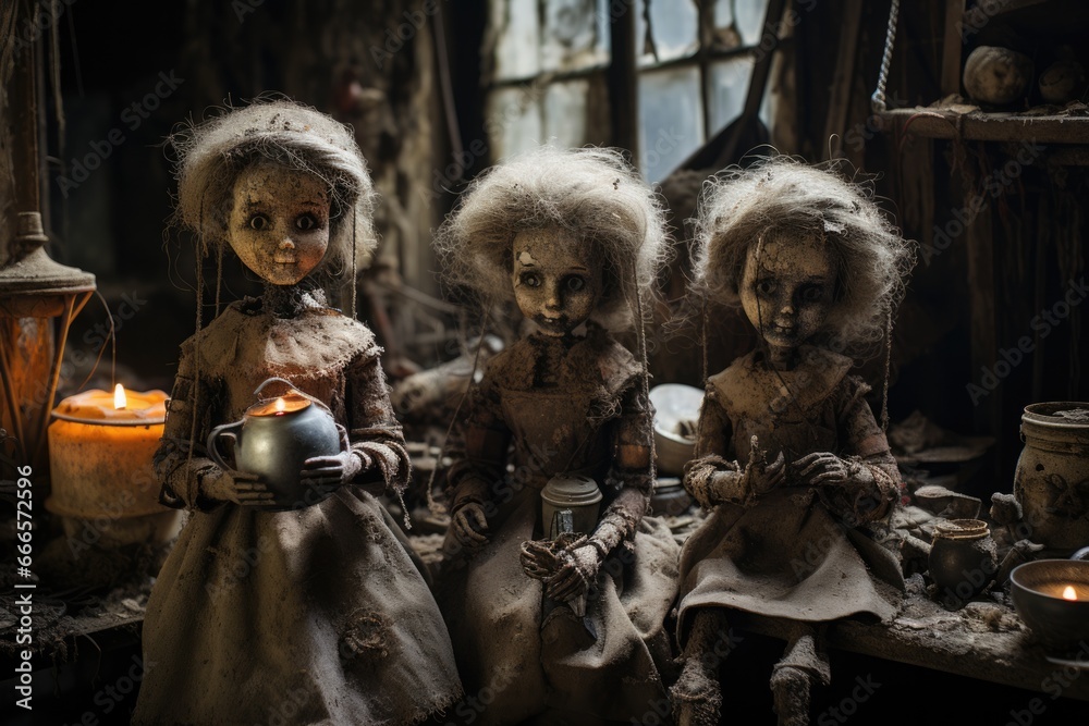 Spooky antique dolls in a cobwebbed forgotten attic of an abandoned house Spooky antique dolls in a cobwebbed forgotten attic of an abandoned house