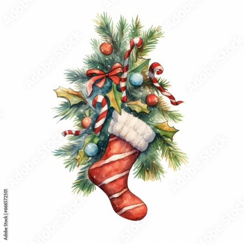 Watercolor of a Christmas tree branch with a garland of colorful stockings on white. AI generated