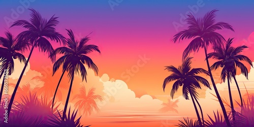 AI Generated. AI Generative. Retro vintage california miami vibe inspired background with tripical palm tree leafes with sunset landscape. Graphic Art © AkimD
