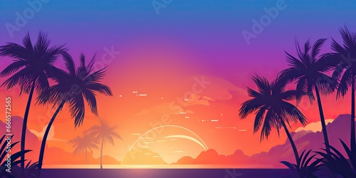 AI Generated. AI Generative. Retro vintage california miami vibe inspired background with tripical palm tree leafes with sunset landscape. Graphic Art photo