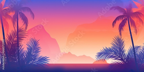 AI Generated. AI Generative. Retro vintage california miami vibe inspired background with tripical palm tree leafes with sunset landscape. Graphic Art