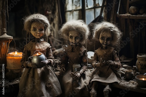 Spooky antique dolls in a cobwebbed forgotten attic of an abandoned house 