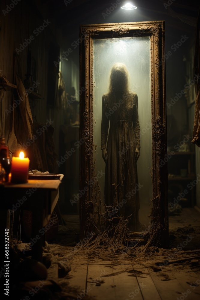 Supernatural figure hauntingly reflected in an old dusty attic mirror 