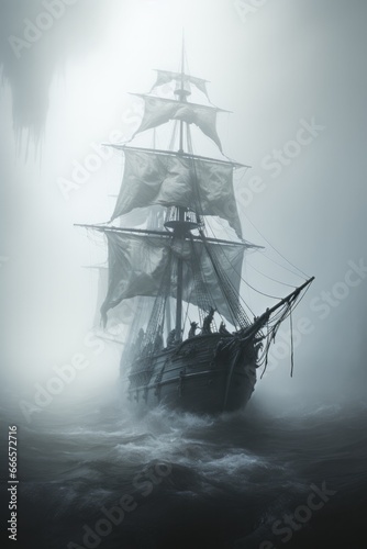 Misty apparition of a phantom ship emerging from a foggy seascape 