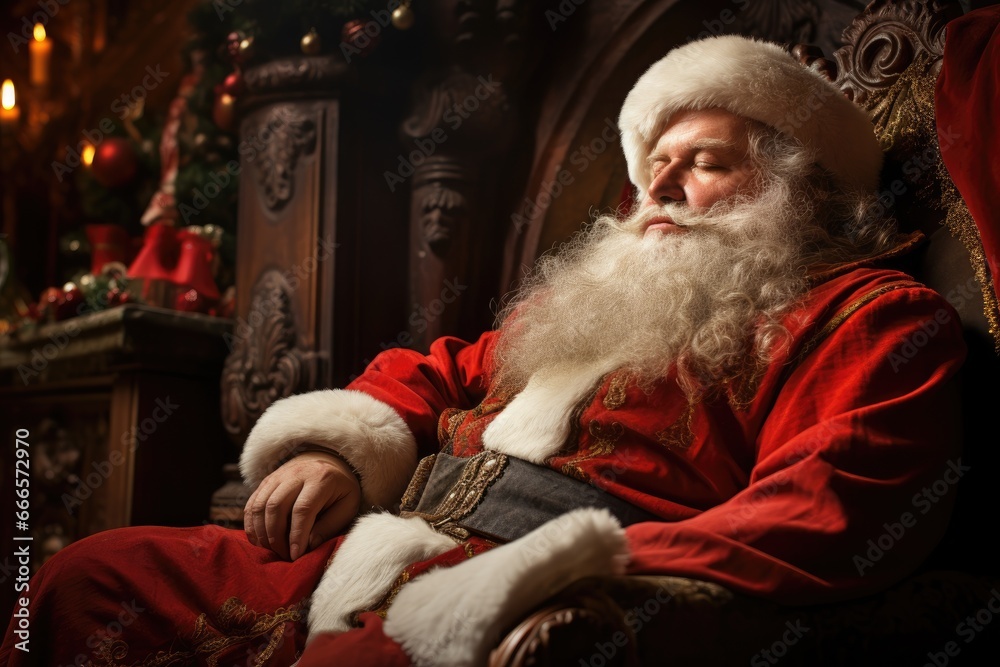 Santa Claus resting, dreaming of next Christmas.