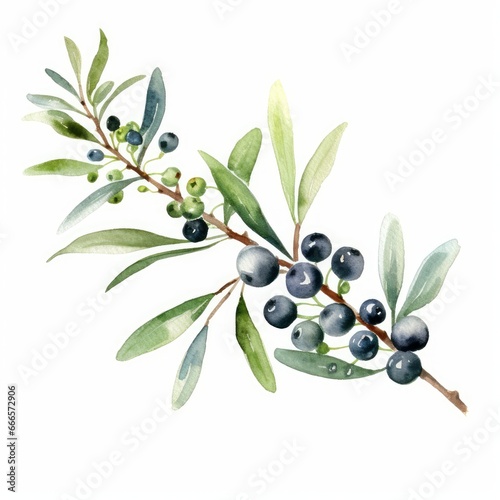 Watercolor of a Christmas tree branch with a garland of festive holiday wreaths on white. AI generated