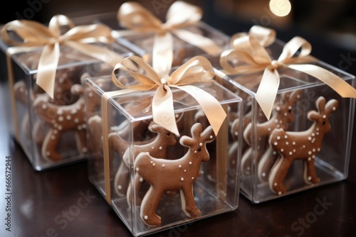 Reindeer-shaped Christmas cookies as gifts in transparent boxes.