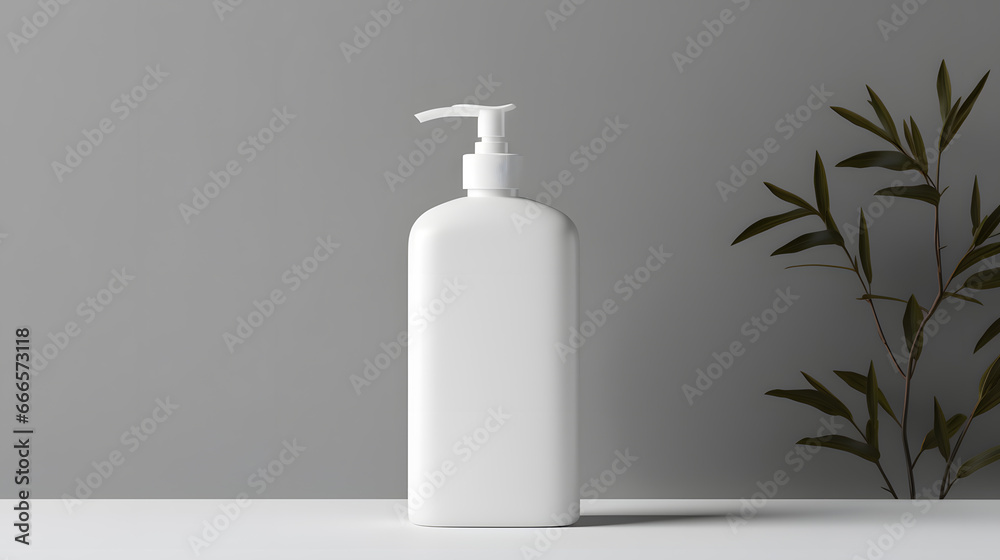 White empty cosmetic liquid dispenser bottle of soap, lotion, shampoo or shower gel mock up isolated in modern bathroom interior White empty cosmetic liquid dispenser bottle of soap, lotion, shampoo or shower gel mock up isolated in modern bathroom interior