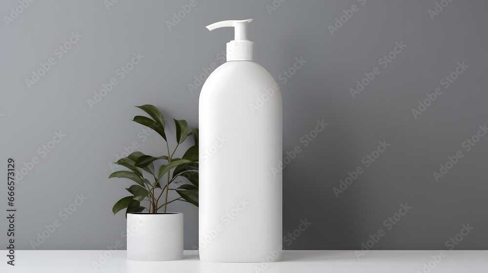 White empty cosmetic liquid dispenser bottle of soap, lotion, shampoo or shower gel mock up isolated in modern bathroom interior White empty cosmetic liquid dispenser bottle of soap, lotion, shampoo or shower gel mock up isolated in modern bathroom interior
