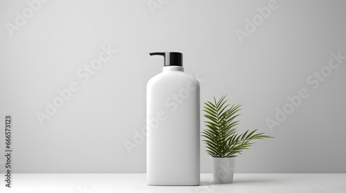 White empty cosmetic liquid dispenser bottle of soap, lotion, shampoo or shower gel mock up isolated in modern bathroom interior photo