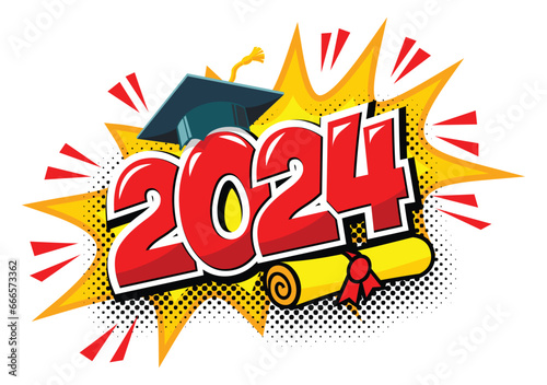 2024 class graduate header. Decorate congratulation for school graduates in comic cartoon style. Vector on transparent background