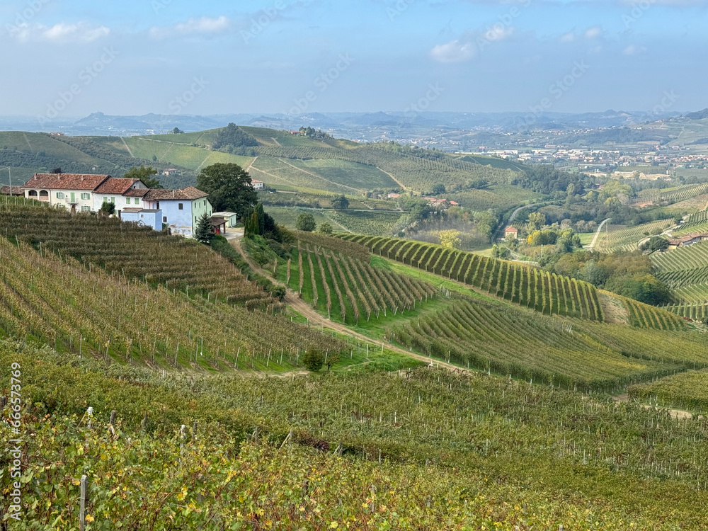 Italian landscape in Langhe and Monferrato, vineyards are visible on the hills.