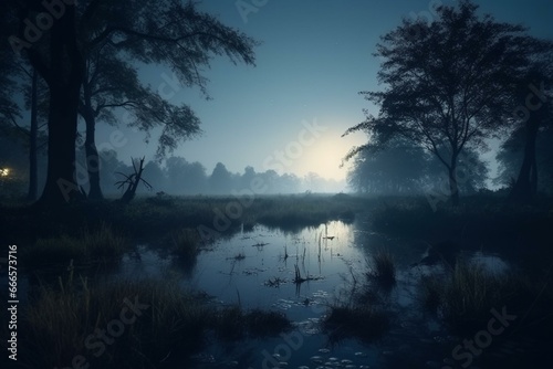 A serene scene of misty night sky over trees, a peaceful lake, and marshy surroundings. A tranquil swamp in a shadowy forest at evening time. Generative AI © Mendel
