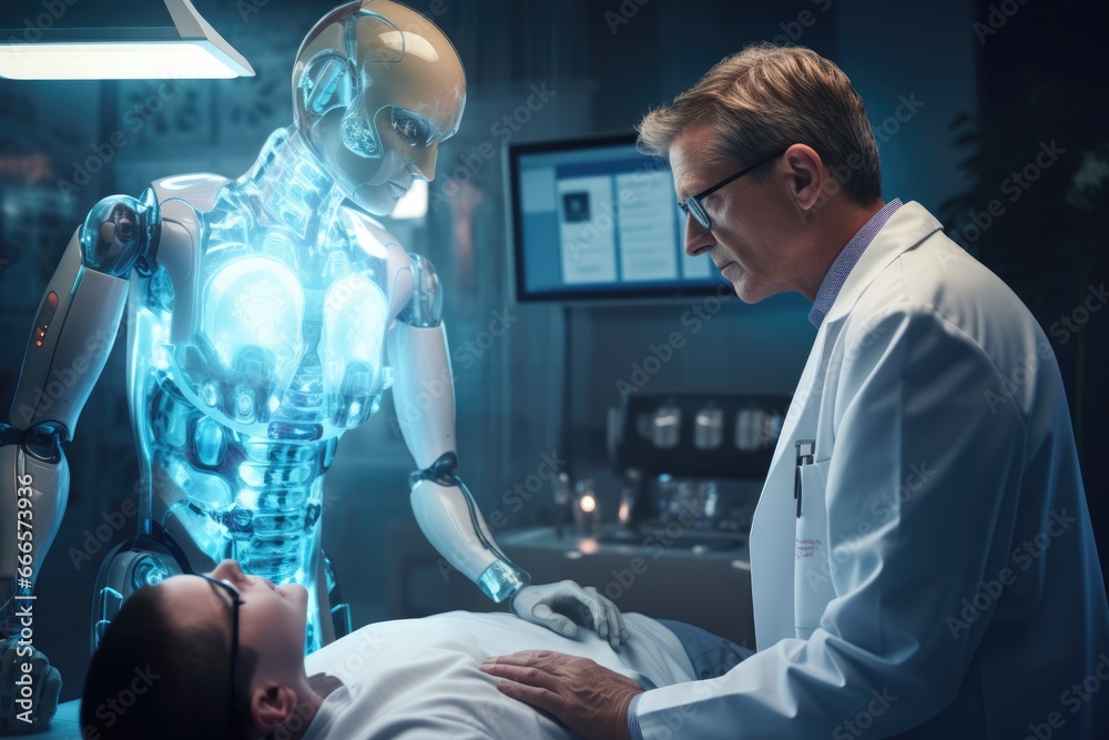 doctor working in futuristic hospital with medical high tech healthcare, surgeon team operation on heart disease and illness on monitor. Robotic and medicine concept. - obrazy, fototapety, plakaty 