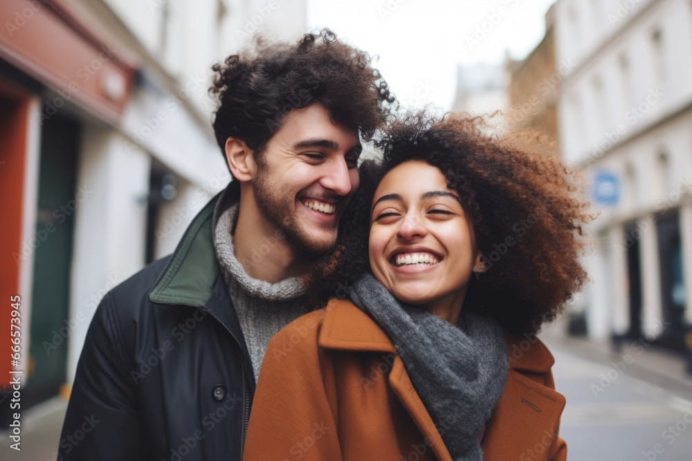 Travel winter holidays. Portrait of multiracial couple during Christmas time in an European beautiful city. Love, togetherness, happiness relation.