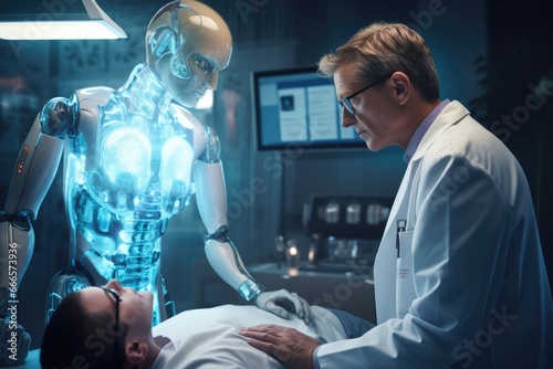 doctor working in futuristic hospital with medical high tech healthcare, surgeon team operation on heart disease and illness on monitor. Robotic and medicine concept. photo
