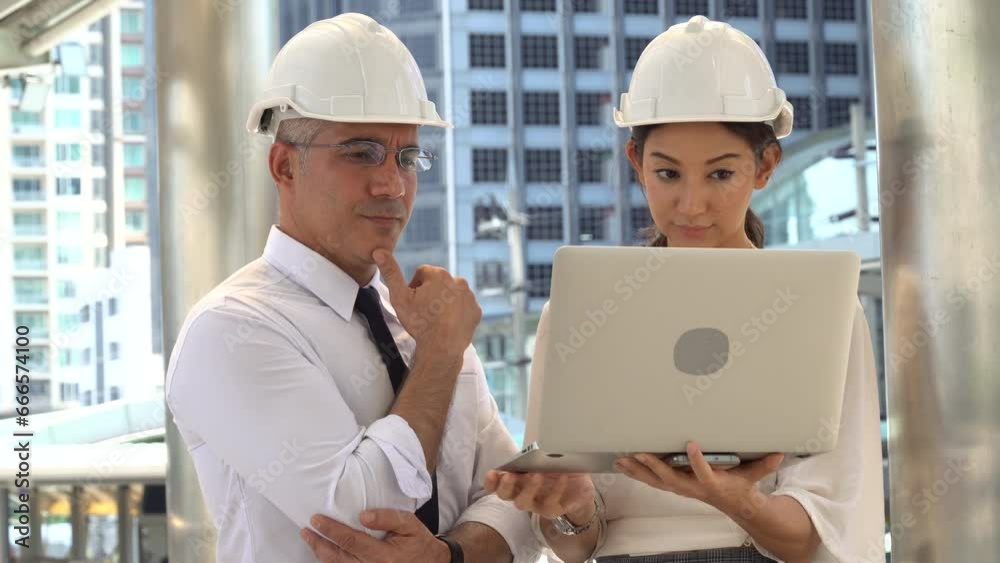 group of teamwork senior engineer or foreman manager and businesswoman talking with laptop computer working on building site in city inspection building estate infrastructure