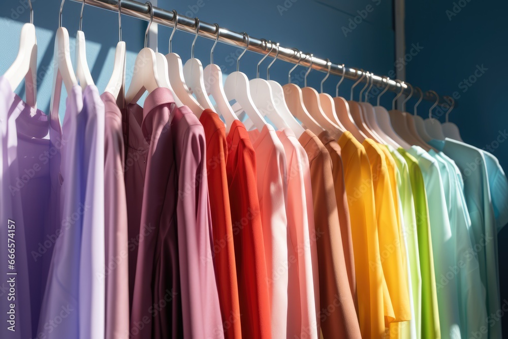 Colorful and vibrant clothes hanging in a small business shop retail. Reduce Reuse Recycle concept. Good quality products Colorful and vibrant clothes hanging in a small business shop retail. Reduce Reuse Recycle concept. Good quality products