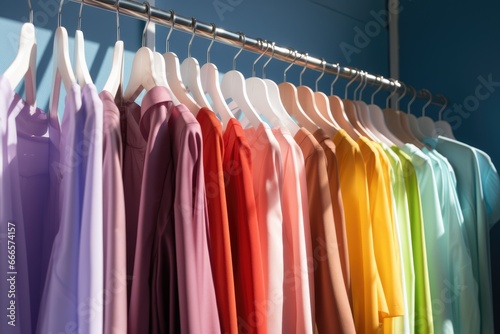 Colorful and vibrant clothes hanging in a small business shop retail. Reduce Reuse Recycle concept. Good quality products