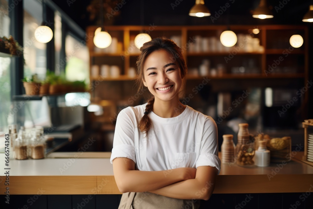 Happy woman, barista and serving customer at cafe for service, payment or order on counter at coffee shop. Waitress or employee in small business restaurant. First job opportunity