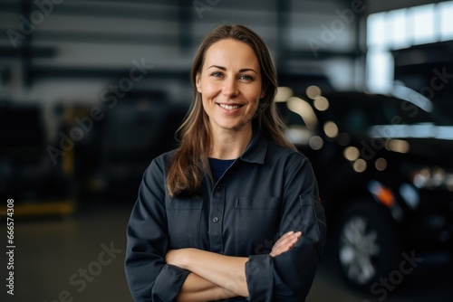 Mechanic in uniform in auto repair shop. Professional woman owner of small business.  photo