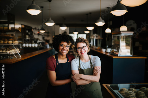 Business Concept: Female entrepreneur standing in her cafe, smiling pensively. Coffee owners.