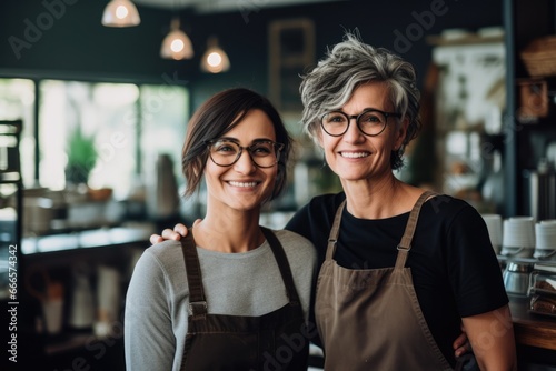 Successful small business owners standing at entrance coffee shop 
