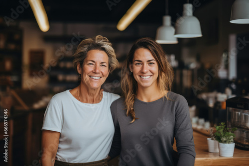 Two smiling business owners working in a modern coffee shop. Entrepreneurial businesswomen. Small business couple.