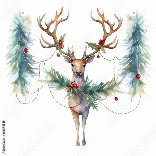 Whimsical watercolor Christmas tree branch with a garland of playful reindeer on white. AI generated