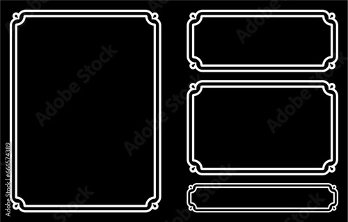 Vector frames on black background. Blackboard with chalk sign and border frames. Elegant vintage banners, doorplates, chalkboards, signboards, or labels in different shapes  photo