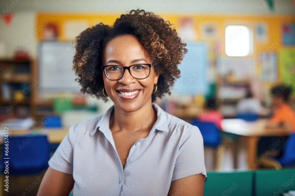 Portrait, teacher and black woman with students learning in classroom ...
