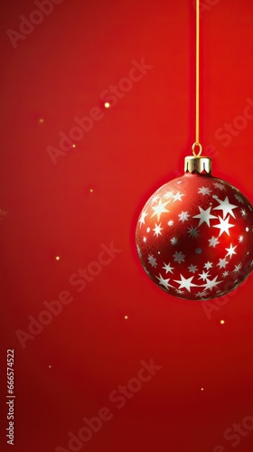 Red Christmas ball with stars  isolated on red background. Copy space. Generative AI