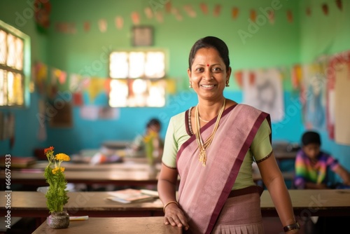 Portrait of a smiling asian Indian lady teacher in saree stands against middle school colorful classroom.