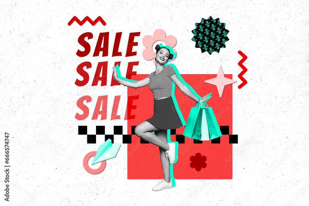 Collage poster sketch of cheerful happy girl walking store trendy clothes special total sale isolated on drawing background