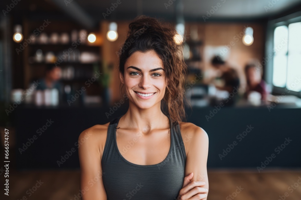 Portrait of smiling young woman standing with arms crossed in a modern fitness center Portrait of smiling young woman standing with arms crossed in a modern fitness center