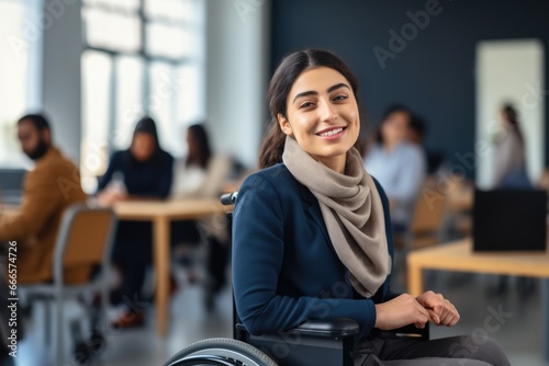 Female student with disability in a wheelchair at college library, inclusive education concept photo