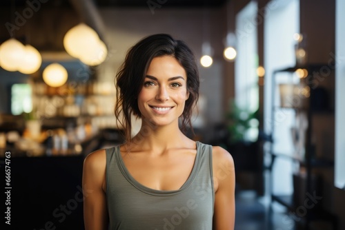 Portrait of a smiling young woman standing in a studio gym and looking at camera. Yoga, pilates, meditation, fitness, barre concept.