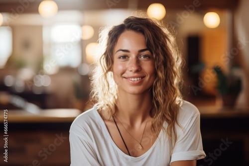 Portrait of a happy and smiling yoga teacher. Blurred cozy studio in the background