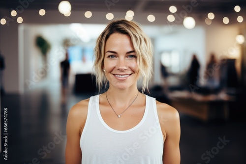 Female physical education teacher smiling at gym studio looking to camera. Free Download Female physical education teacher smiling at gym studio looking to camera. - GFXLoad