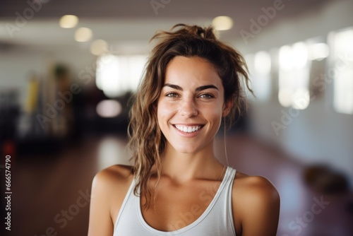 Free Download portrait of a happy and smiling yoga teacher in yoga retreat on island. Sunny day, natural colors. - GFXLoad